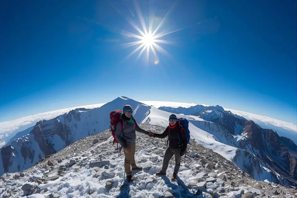 Dos caminantes abrigados en una cumbre nevada bajo un sol intenso